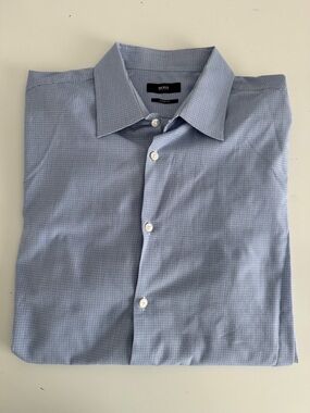 BOSS Light Blue Microcheck Dress Shirt - Classic Spread Collar. Size 17.5 34-36